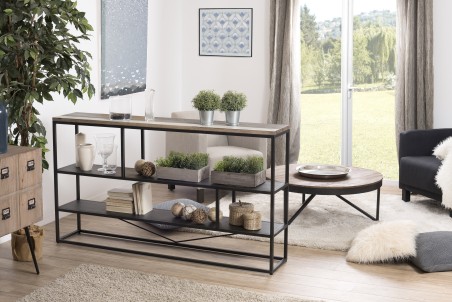 Étagère LEANDRE - Bois acacia et acier noir 160x90cm