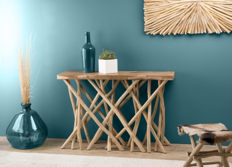 CLARA - Natural Wood Console Table with Rectangular Teak Top