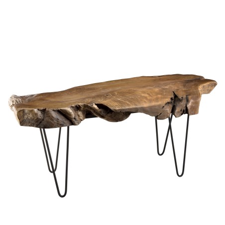 CLARA - Brown Natural Wood Teak Coffee Table with Black Metal Hairpin Legs