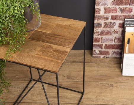 MAXENCE - Square Side Table Teak Wood Recycled 35x35cm Black Metal