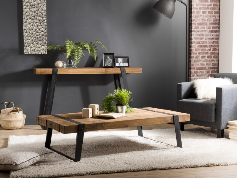 SIXTINE Rectangular Coffee Table 140x70cm Teak Recycled Metal Black