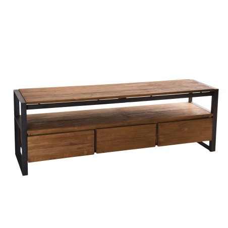 SIXTINE Brown TV Stand with 3 Drawers and 1 Shelf - Recycled Teak and Black Metal