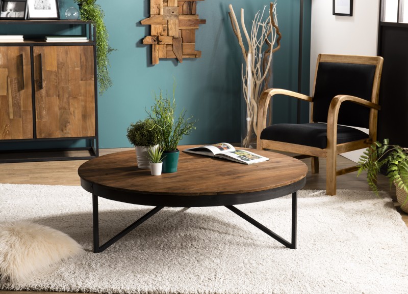 Table basse ronde marron 110x110cm en teck recyclé Table basse ronde marron 110x110cm en teck recyclé
