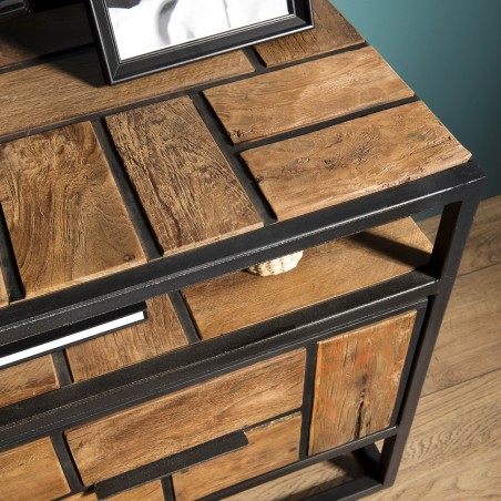 Meuble TV SIXTINE - Teck recyclé et métal noir