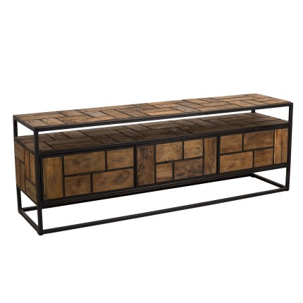 SIXTINE TV Stand - Recycled Teak Metal Black 3 Drawers 1 Shelf