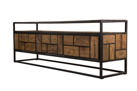 SIXTINE TV Stand - Recycled Teak Metal Black 3 Drawers 1 Shelf