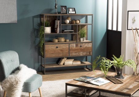 SIXTINE Brown Shelf with 2 Drawers and 7 Niches - Recycled Teak & Acacia Mahogany