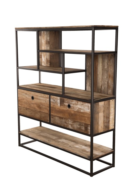 SIXTINE Brown Shelf with 2 Drawers and 7 Niches - Recycled Teak & Acacia Mahogany