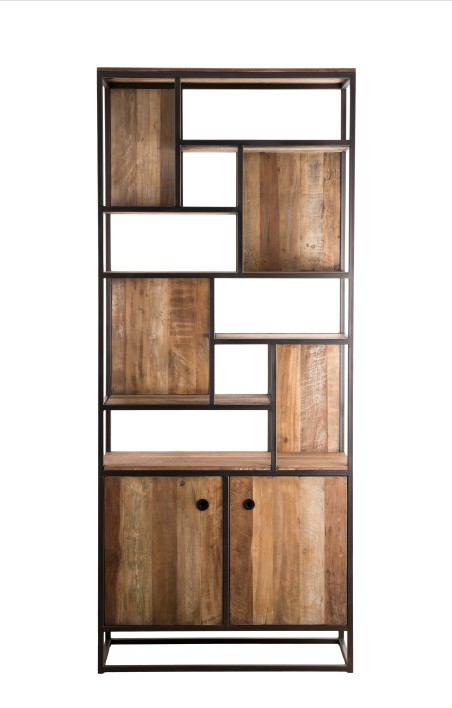 SIXTINE Tall Bookcase with 2 Doors and 10 Open Spaces - Recycled Teak, Acacia Mahogany, Metal