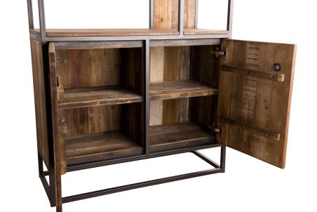 SIXTINE Tall Bookcase with 2 Doors and 10 Open Spaces - Recycled Teak, Acacia Mahogany, Metal