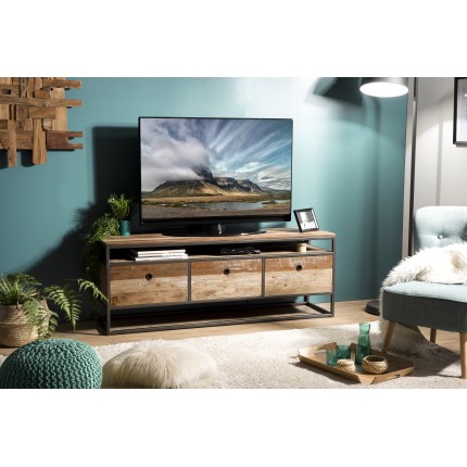SIXTINE Brown TV Stand with 3 Drawers - Recycled Teak & Metal | 150x40x55 cm