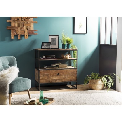 SIXTINE Brown Shelf with 1 Drawer - Recycled Teak Acacia Mahogany and Black Metal