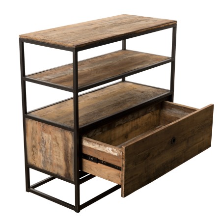 SIXTINE Brown Shelf with 1 Drawer - Recycled Teak Acacia Mahogany and Black Metal