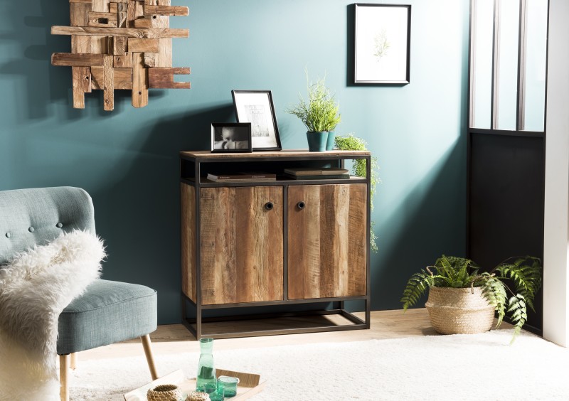 SIXTINE Buffet 2 Doors and 1 Shelf Teak Acacia Mahogany Recycled and Black Metal