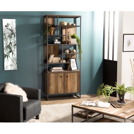 SIXTINE Tall Bookcase with 2 Doors and 10 Open Spaces - Recycled Teak, Acacia Mahogany, Metal