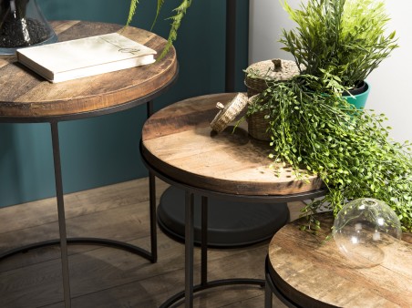 SIXTINE Set of 3 Round Brown Side Tables - Recycled Teak Acacia Mahogany Black Metal Legs