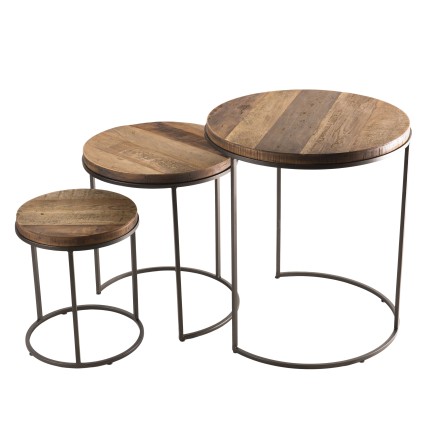 Set de 3 tables d'appoint rondes marrons en teck recyclé