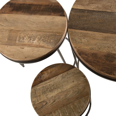 SIXTINE Set of 3 Round Brown Side Tables - Recycled Teak Acacia Mahogany Black Metal Legs
