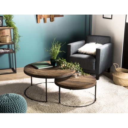 Set 2 tables basses gigognes rondes Teck Acacia Mahogany métal noir