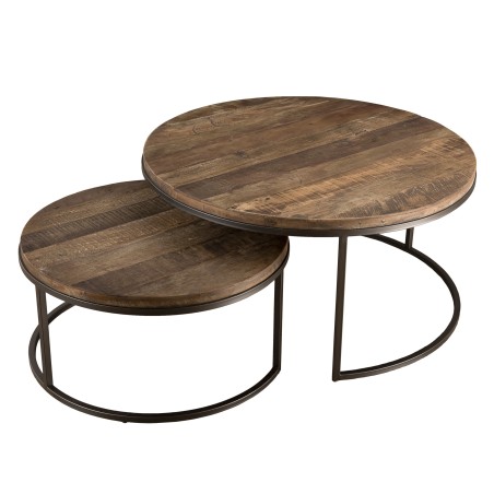 Set 2 tables basses gigognes rondes Teck Acacia Mahogany métal noir