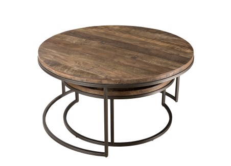 Set 2 tables basses gigognes rondes Teck Acacia Mahogany métal noir