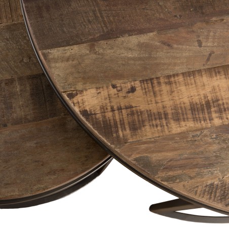 Set 2 tables basses gigognes rondes Teck Acacia Mahogany métal noir