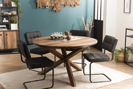 SIXTINE Brown Round Dining Table 130x130cm - Cross Legs Recycled Teak