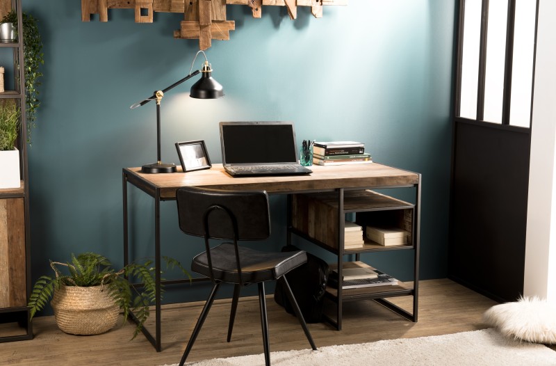 SIXTINE Brown Desk with 1 Compartment and 1 Shelf - Recycled Teak, Acacia Mahogany, Black Metal