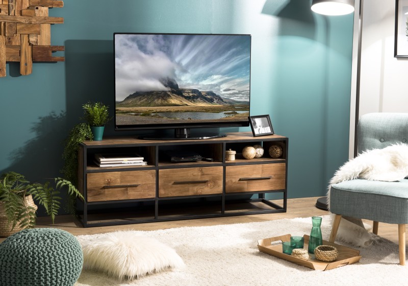 Meuble TV SIXTINE en teck recyclé et métal noir Meuble TV SIXTINE en teck recyclé et métal noir