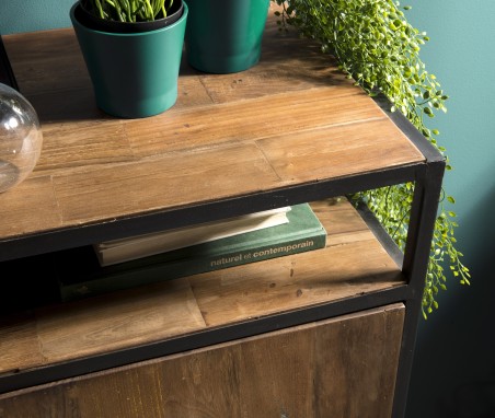 SIXTINE - Brown Buffet 2 Doors 1 Shelf Teak Recycled Black Metal
