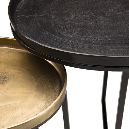 JOHAN - Set of 2 Oval Side Tables Gold and Black Aluminum - Black Metal Legs