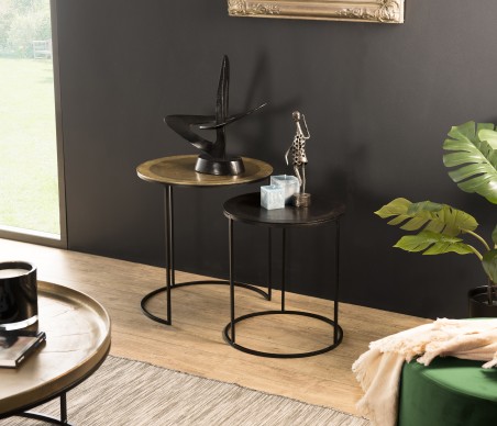 JOHAN - Set of 2 Round Nesting Side Tables in Gold and Black Aluminium