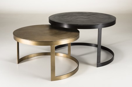 JOHAN - Set of 2 Round Nesting Tables | Black and Gold Aluminum Belt