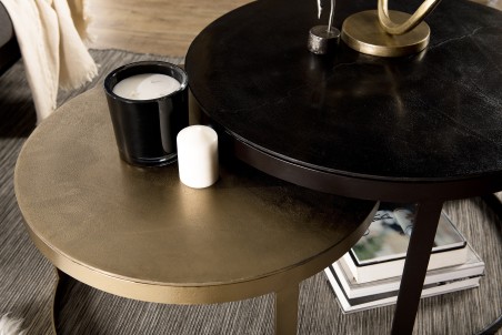 JOHAN - Set of 2 Round Nesting Tables | Black and Gold Aluminum Belt
