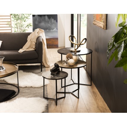 JOHAN - Set of 3 Round Nesting Tables in Black and Silver Gold Aluminum