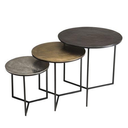 JOHAN - Set of 3 Round Nesting Tables in Black and Silver Gold Aluminum