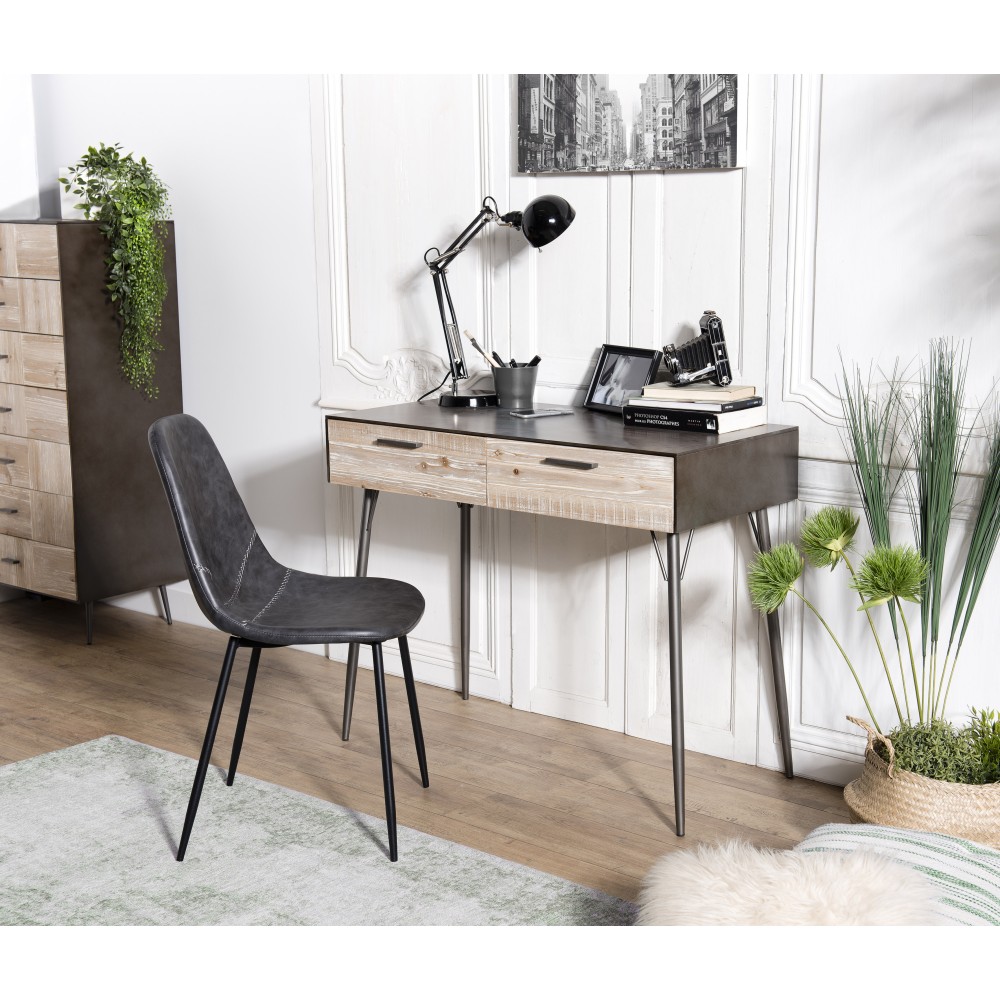 CARLA - Bureau 2 tiroirs bois Sapin et pieds métal