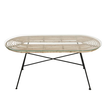 CAMILLE - Natural Rattan and Black Metal Coffee Table 100x45cm