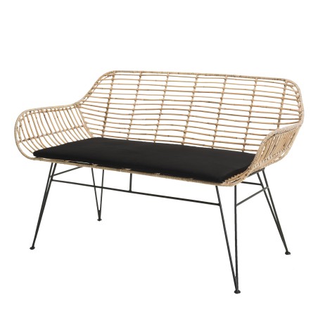 CAMILLE - 2 Seater Natural Rattan Sofa with Black Cushion