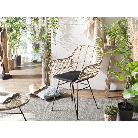 CAMILLE Natural Rattan Armchair with Black Cushion