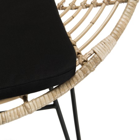 CAMILLE - MANHATTAN Natural Rattan Armchair with Black Cushion and Metal Legs