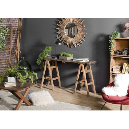 NORA - Brown Trestle Console Table 140x38cm - Vintage Brocante Style