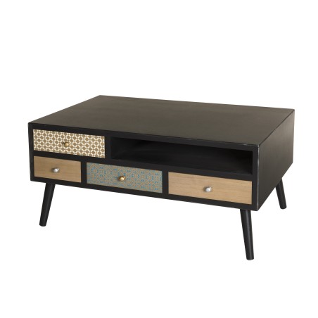 LEON - Black Coffee Table with 8 Brown Drawers