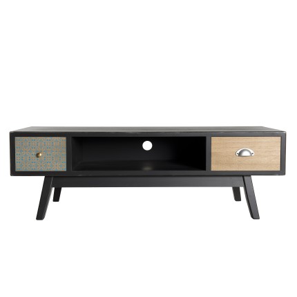 LEON Black TV Stand with 2 Brown Drawers - Pine Motifs