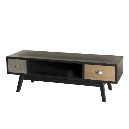 LEON Black TV Stand with 2 Brown Drawers - Pine Motifs