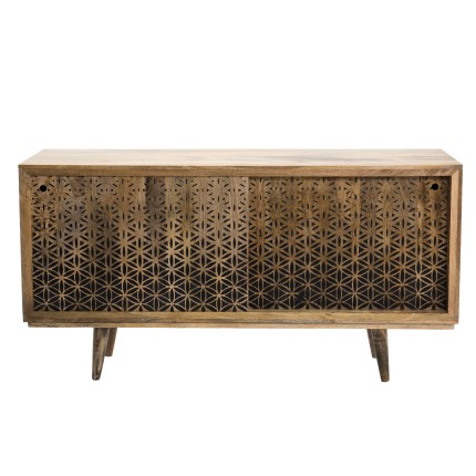 INDRA Natural Mango Wood Buffet 160x45cm - 2 Sliding Doors - Black Phuket Motifs