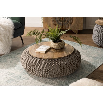Table d'appoint ronde INDRA 80x80cm bois Manguier et coton Macassar gris
