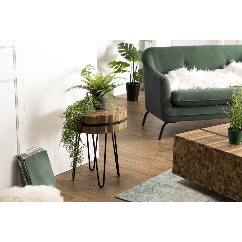 SAM - Table d'appoint ronde 45x45cm bois Teck recyclé cerclée métal pieds épingles métal noir