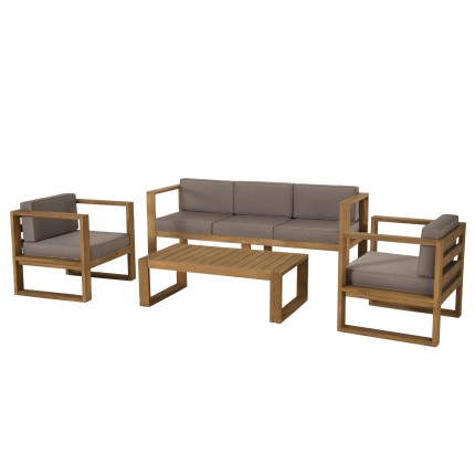 Salon de jardin en bois teck KIM - 1 Canapé 3p., 2 fauteuils, 1 table basse