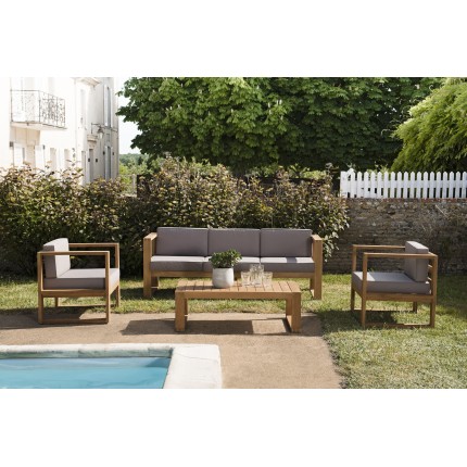 Salon de jardin en bois teck KIM - 1 Canapé 3p., 2 fauteuils, 1 table basse